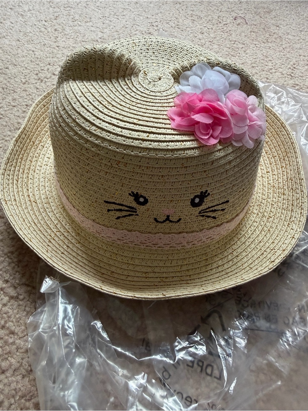 The Children’s Place Baby Girls Cat Straw Sun Hat Floral 12-18M NWT Natural Pink